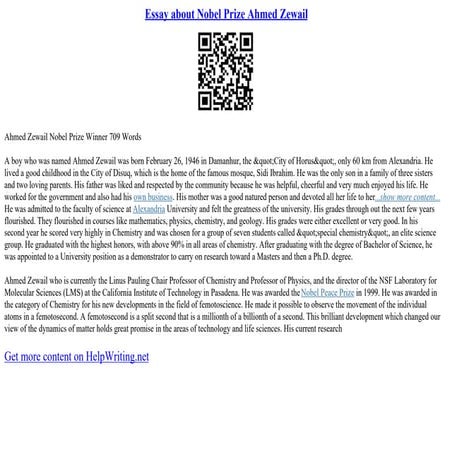 Essay About Nobel Prize Ahmed Zewail | PDF