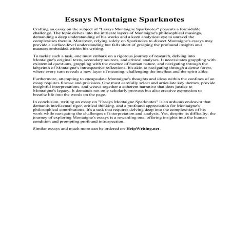 Essays Montaigne Sparknotes. Cite The Complete Essays of Montaigne - Translat...