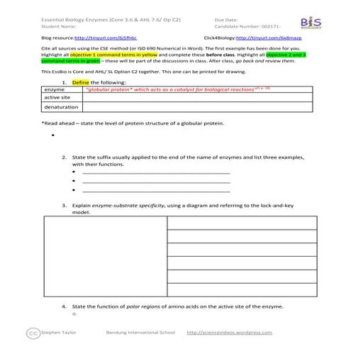 Essential Biology 3.6, 7.6, C2 Enzymes