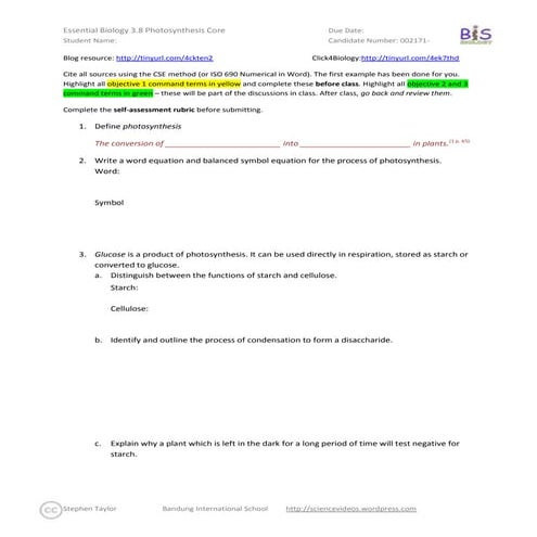Essential Biology 3.8 Photosynthesis (Core) | DOCX