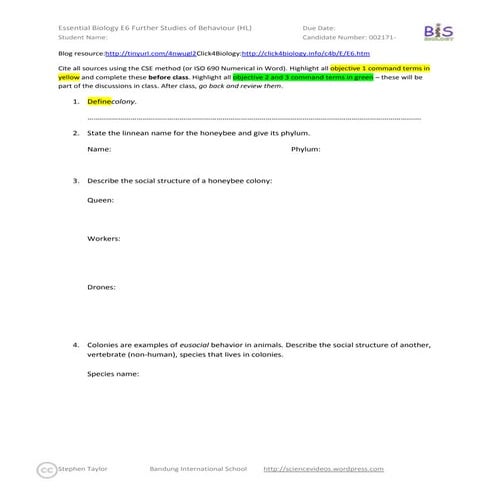 Essential Biology E6 (HL) Further Studies of Behaviour