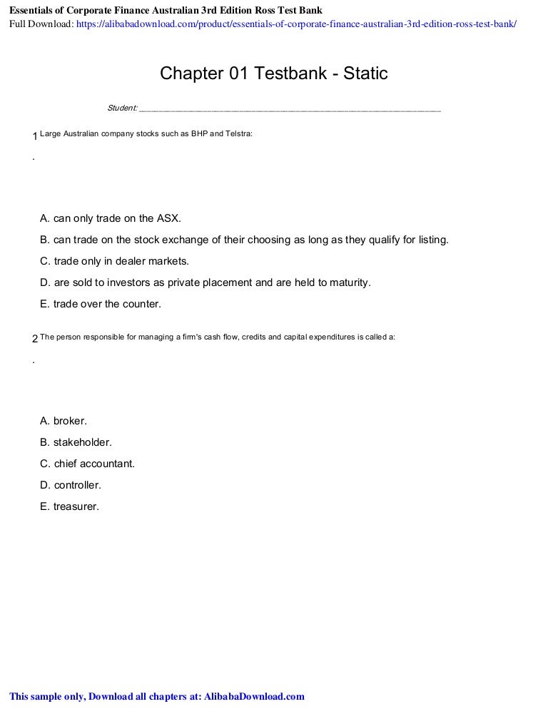 Essentials Of Corporate Finance Australian 3rd Edition Ross Test Bank