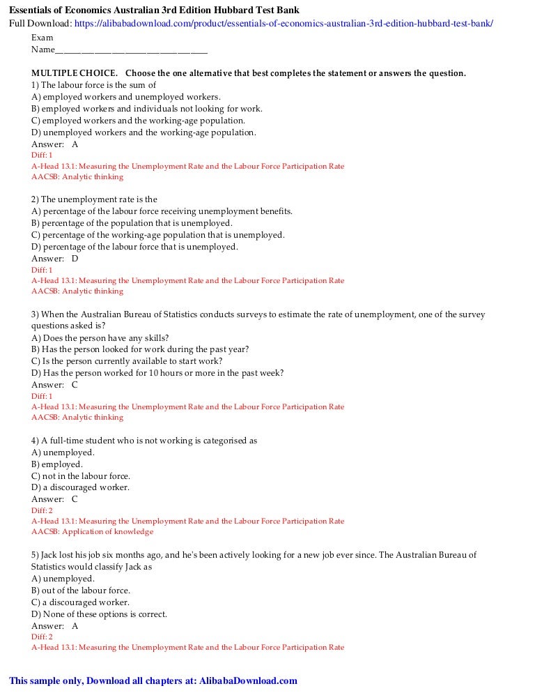Essentials of Economics Australian 3rd Edition Hubbard Test Bank