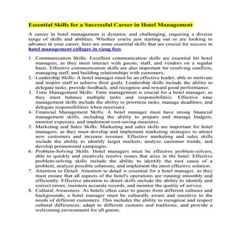 Essential Skills for a Successful Career in Hotel Management