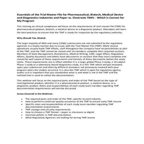 Essentials of the trial master file for pharmaceutical