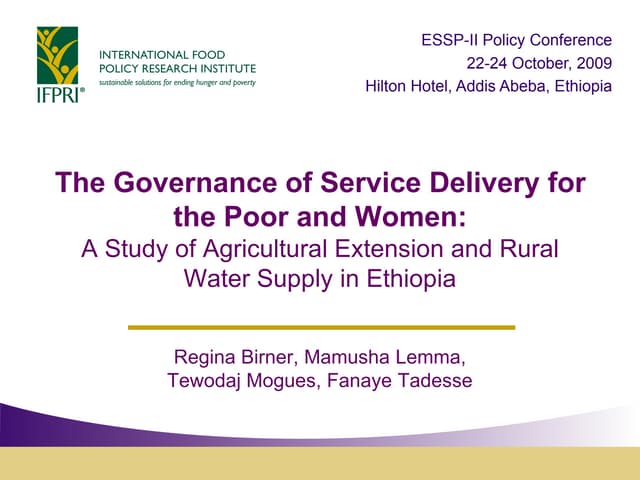 The Governance of Service Delivery for the Poor and Women:A Study of Agricultural Extension and Rural Water Supply in Ethiopia