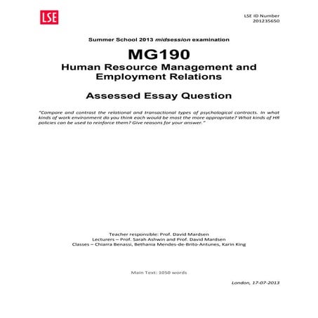 Esssay. Relational vs Transactional psychological contracts
