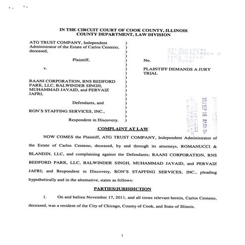 Estate of Carlos Centeno, deceased v. Raani Corporation, Rashid A. Chaudary, ...