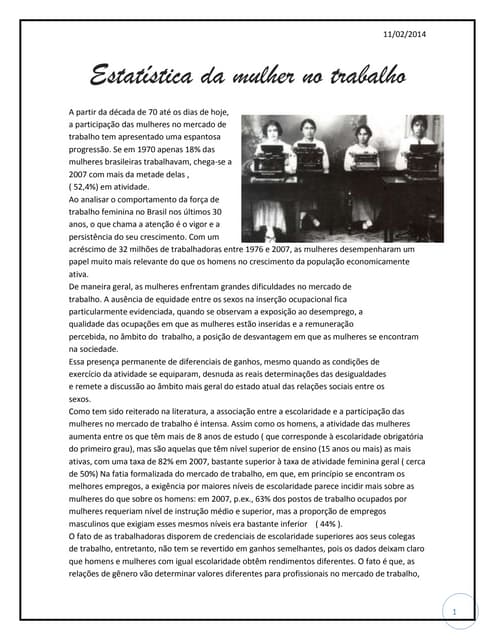 Estatística da mulher no trabalho
