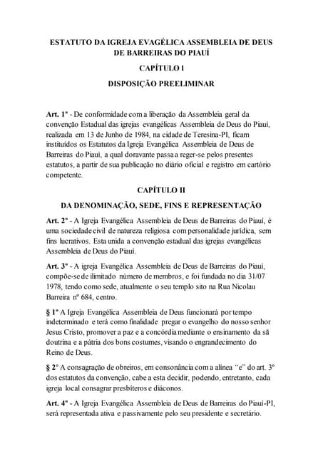 Estatuto da igreja evagélica assembleia de Deus em Barreiras do Piauí