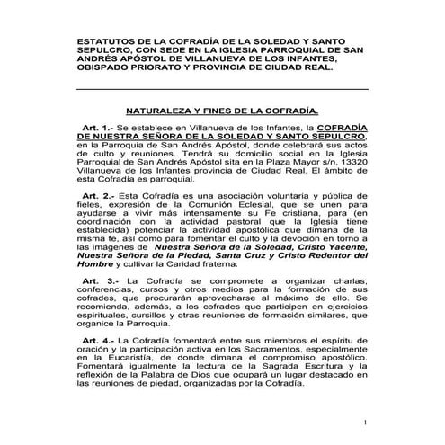 Estatutos de la Cofradía de Nuestra Señora de la Soledad y Santo Sepulcro
