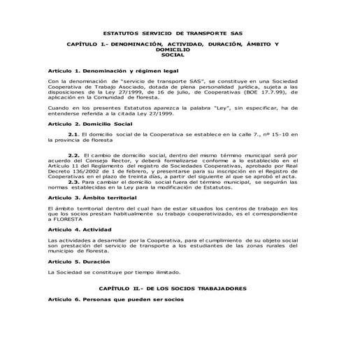 Estatutos servicio de transporte sas | DOCX