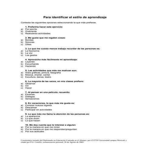 Cuestionario para identificar estilos de aprendizaje | PDF
