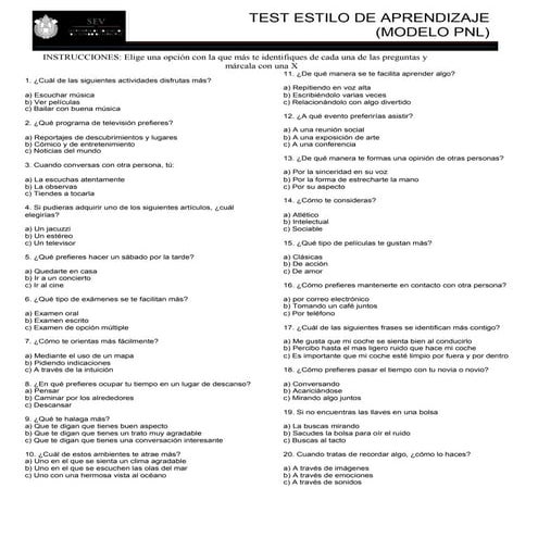 TEST ESTILOS DE APRENDIZAJE Visual-auditivo-kinestésico | PDF