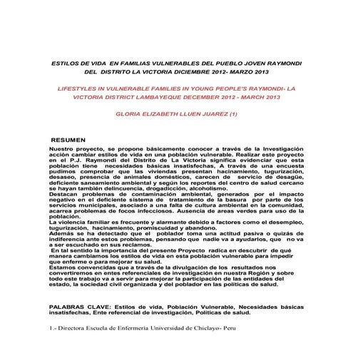 Estilos de vida  en familias vulnerables del pueblo joven raymondi del  distr...