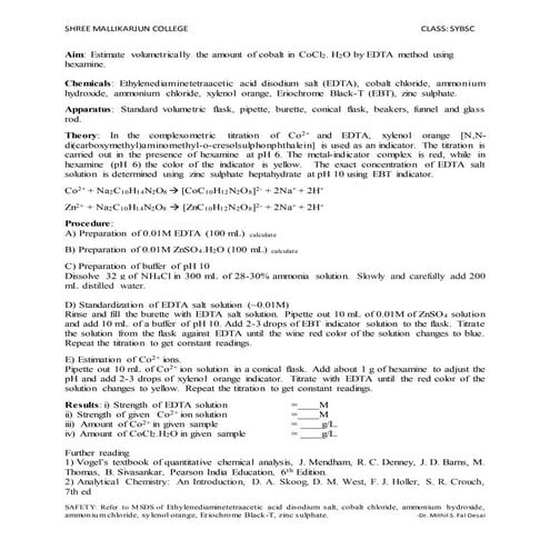 Estimate volumetrically the amount of cobalt in co cl2. h2o by edta method using
