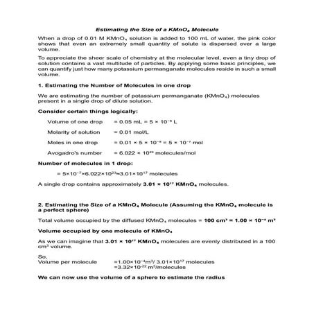 Estimating the Number of Molecules and size of molecules from 1 drop of KMnO4...