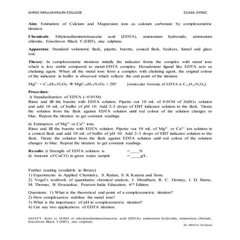 Estimation of ca and mg in given water sample