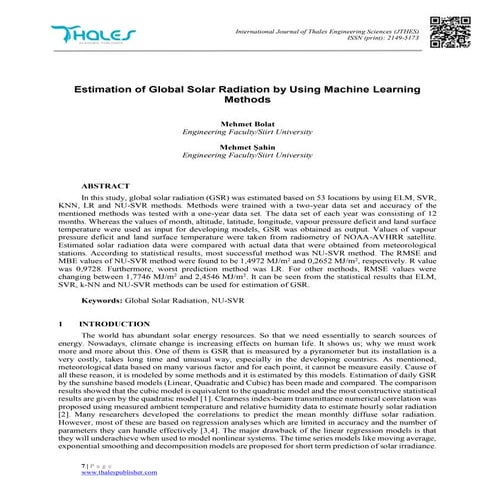 Estimation of global solar radiation by using machine learning methods
