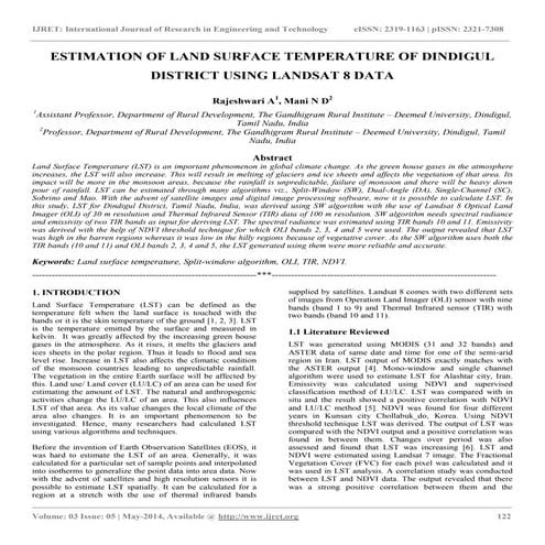 Estimation of land surface temperature of dindigul district using landsat 8 data