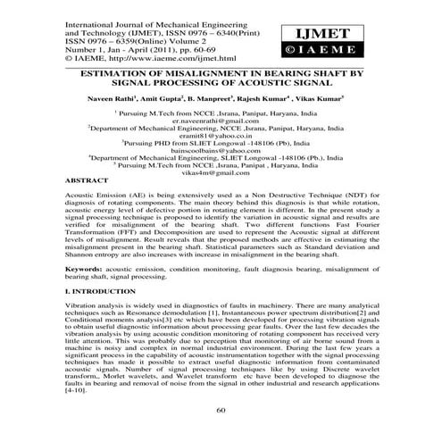 Estimation of misalignment in bearing shaft by signal processing of acoustic ...
