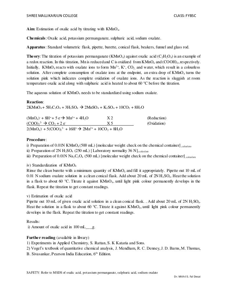 Estimation of oxalic acid by titrating with KMnO4