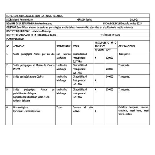 Estrategia PRAE Luz Marina Mañunga 2015
