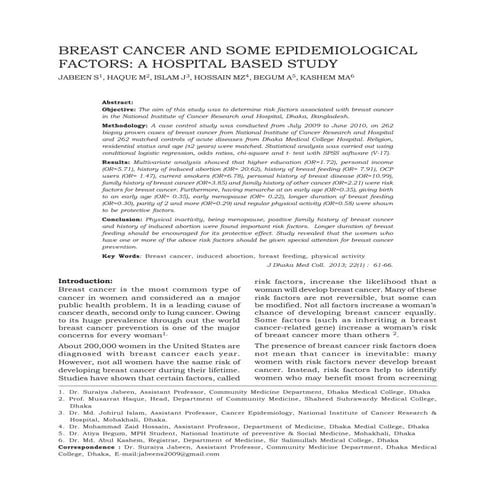 BREAST CANCER AND SOME EPIDEMIOLOGICAL FACTORS: