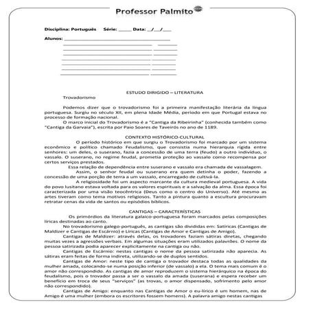 Estudo dirigido Trovadorismo-Classicismo