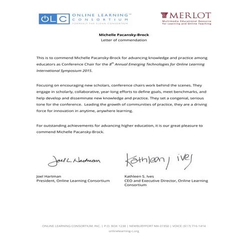 Letter of commendation from the Online Learning Consortium