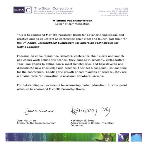 Sloan-C ET4Online Commendation for Michelle Pacansky-Brock