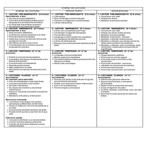 Las etapas en el proceso de la lectura. 