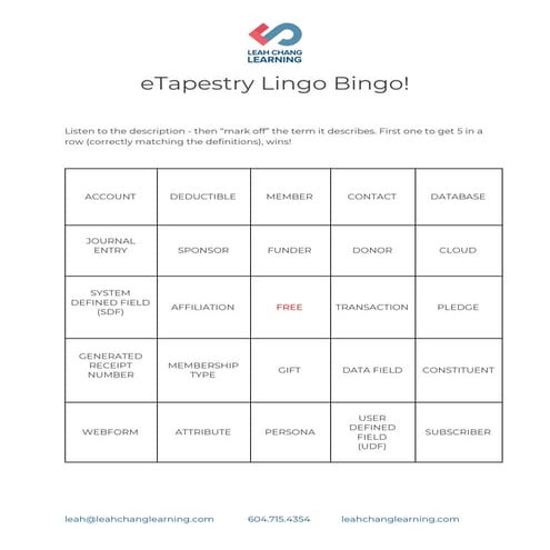 Leah Chang —  E-tapestry lingo bingo worksheet