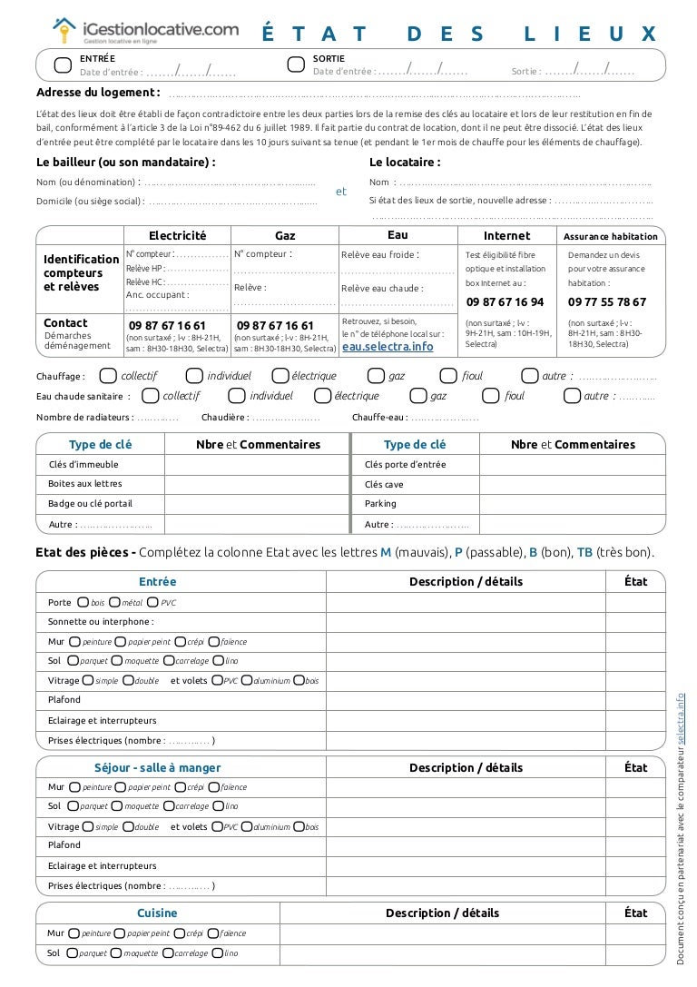 État des lieux gratuit, modèle 1