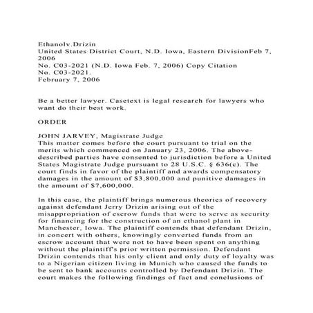 Ethanolv.DrizinUnited States District Court, N.D. Iowa, Eastern .docx