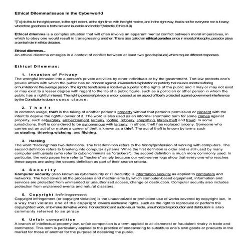 Ethical Dilemma/Issues is Cyberworld