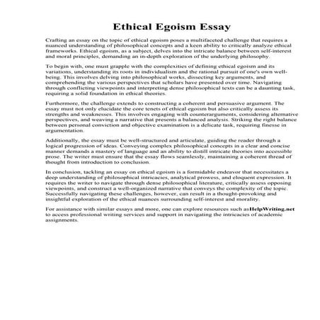 Ethical Egoism Essay.  Free Essay about Application of Egoism to an Ethical Issue Like ...
