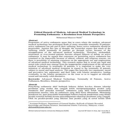Ethical Hazards of Modern, Advanced Medical Technology in Promoting Euthanasi...