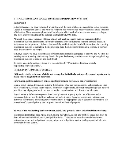Ethical issues and social issues related to systems upload