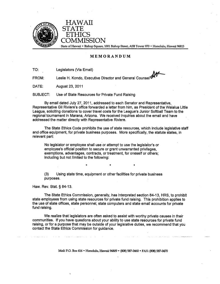 Hawaii State Ethic Memo Re Private Fundraising