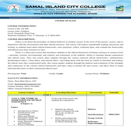 Ethics-Course Outline for 1st Semester A.Y '24-25 | DOCX