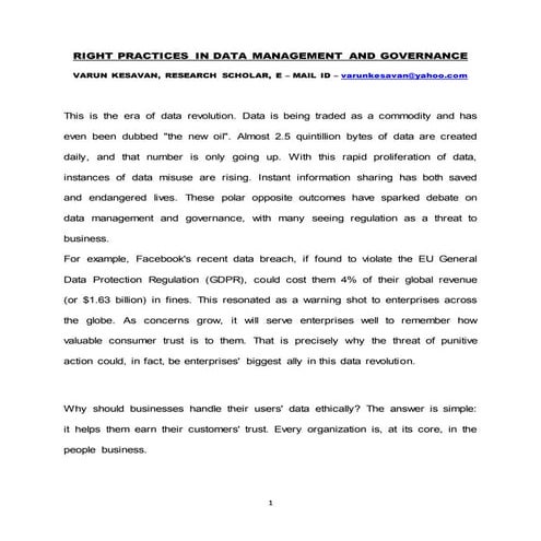 RIGHT PRACTICES IN DATA MANAGEMENT AND GOVERNANCE