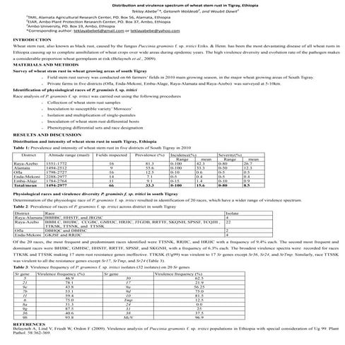 Distribution and virulence spectrum of wheat stem rush in Tigray, Ethiopia