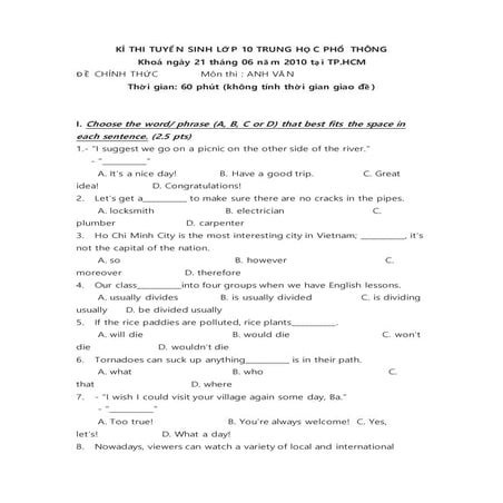 đỀ thi tuyển sinh lớp 10 trung học phổ thông năm 2010 MÔN TIẾNG ANH 