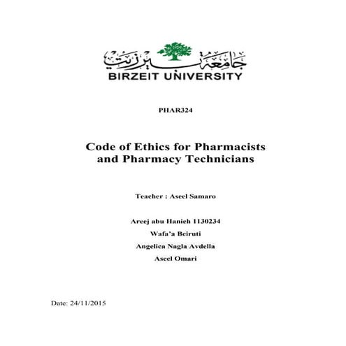 Code of Ethics for Pharmacists and Pharmacy Technicans Project 