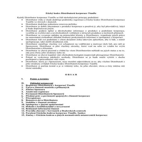 Etický kodex distributorů korporace tianDe cz