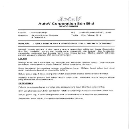 Etika berpakaian kakitangan auto v corporation sdn bhd