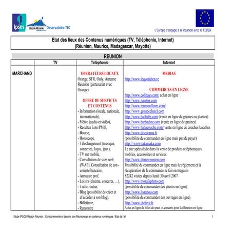 Etat des lieux des contenus numériques (TV, téléphonie, internet) - Réunion, Maurice, Madagascar, Mayotte