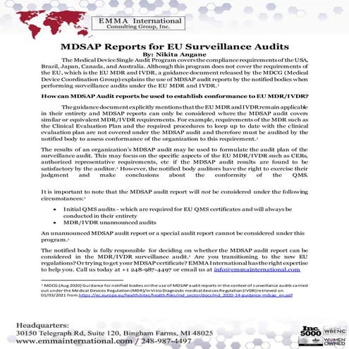 MDSAP Reports for EU Surveillance Audits