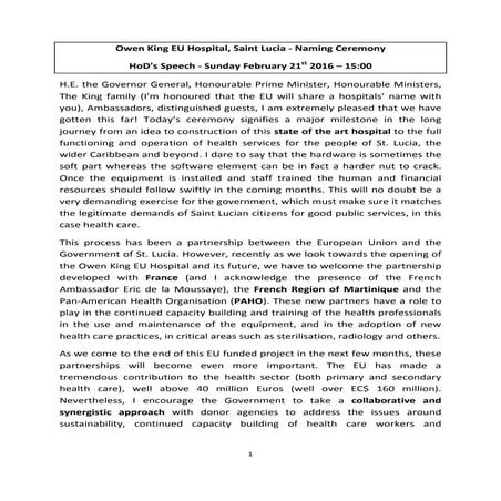 EU Diplomat's Speech on the Owen King EU Hospital Naming Ceremony Feb 21st 2016